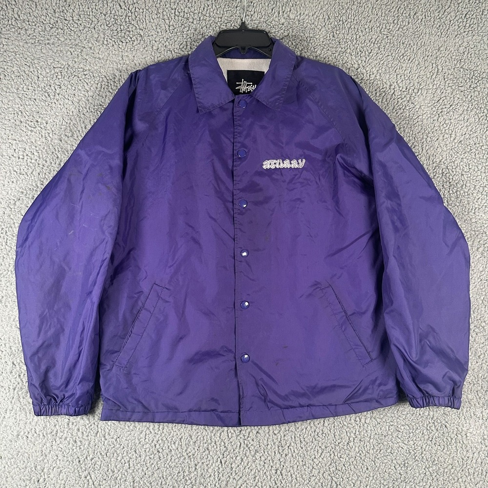 Vtg Stussy Coach Jacket Mens M Purple Snap Front 90's Distressed‎ Paint USA